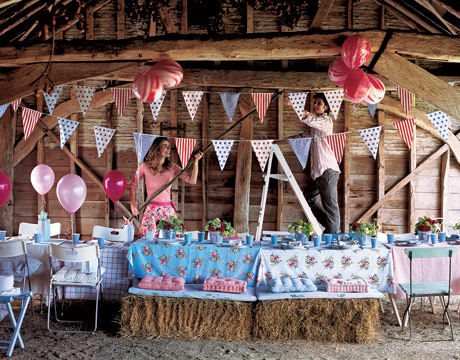 Country party picnic idea in a farmhouse.