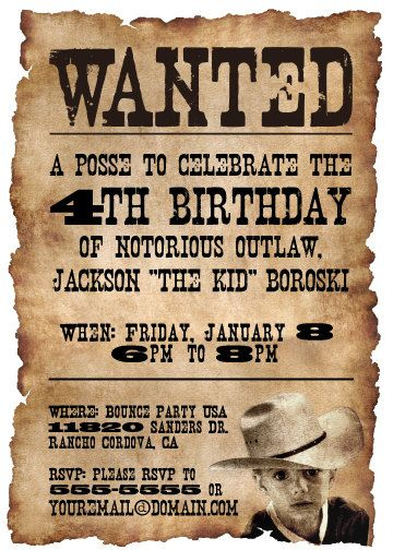 Western cowboy birthday party invitation on a wanted poster.