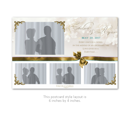 Beautiful, elegant wedding photo booth layout in white and gold with a bow.