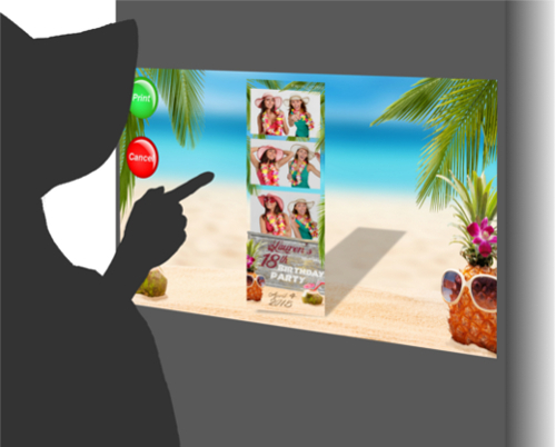 An interactive, fun photo booth rental experience with a beach background.